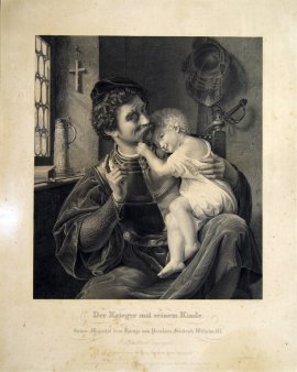 Johann August Eduard Mandel (1810 – 1882), Kupferstich, Der Krieger und sein Kind, nach T. Hildebrandt, D1408