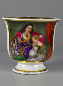 Dame mit Spiegel und Galan, Porzellanmalerei, Tasse, Heyroth, D2054