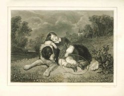 I.W.Baumann, Lithographie, Kind liegt auf Bernhardiner, A0079