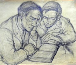 Ernst Seifert (1922-1976), Bleistiftzeichnung, „Genossenschaftsbauern beim Studium“, D0368