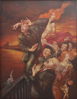 Rudolf Pötzsch, (*1950), Mischtechnik⁄Lw., „Vom Anfang der Narrengerichtsbarkeit“, 1994,  D1849