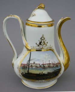 Magdeburg, Packhöfe um 1850, Porzellanmalerei, Kaffeekanne, D0691-2