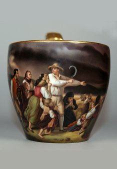 Jacob Becker (1810-1872) „Landleute vom Gewitter überrascht“, Porzellanmalerei, Campanertasse, D0900