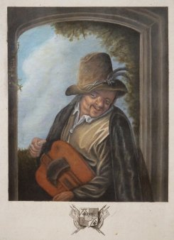 Musiker am Fenster mit Drehleier, Kupferstich nach v. Ostade, A0205