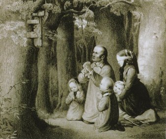 Karl Fischer (1809-1874), Betende Bauernfamilie im Walde (Magdeburger Bilderstreit), Lithographie nach Becker von Worms, A0245