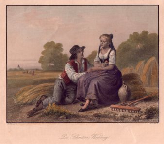 William French (1815 - 1898), Des Schnitters Werbung, altkolorierter Stahlstich nach H. Werner, D2378-4