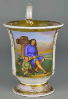Bettelnde Witwe mit Kind, Porzellanmalerei, Tasse, D2493