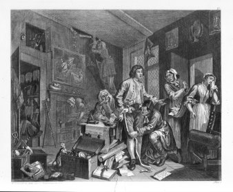 Ernst Ludwig Riepenhausen (1762-1840), Der junge Erbe übernimmt den Besitz des alten Geizhalses, Kupferstich nach W. Hogarth, N03