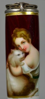Lasziv schauendes Mädchen mit Katze, Porzellanmalerei, Pfeifenkopf, D2498