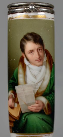 Moritz Daniel Oppenheim (1800-1882), Ludwig Börne, Halbportrait mit angehobener Zeitschrift, Porzellanmalerei, Pfeifenkopf, D2537