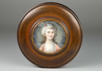 Tabatiere, runde Holzdose, im Deckel Gouache mit jungem Mädchen, D2642